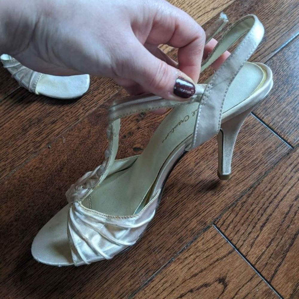 Women's White Satin High Heeled Sandals, Size 6.5